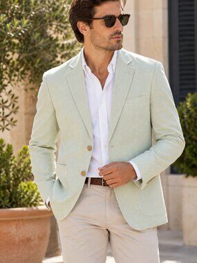 The Savile Row Co Maddox Mens Striped Blazer Jacket Sports Coat Tan White 38R